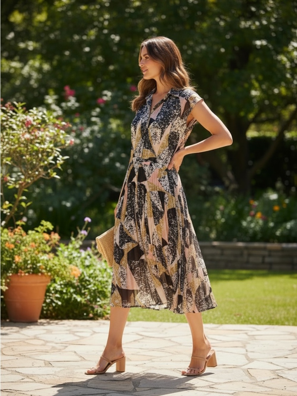 Club Monaco  Print Pleated Dress 10 Pink Black Tan Flutter Sleeve Collared